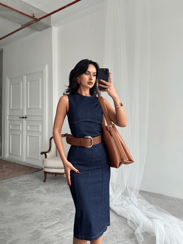 Sıfır Kol Denim Elbise - Lacivert