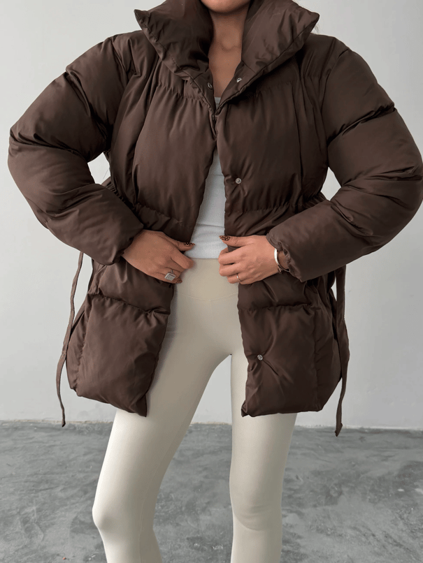 Kuşaklı Şişme Mont  - Kahve