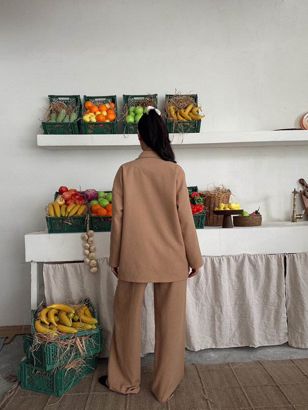 Düğme Detay Ceket Pantolon Keten Takım - Camel