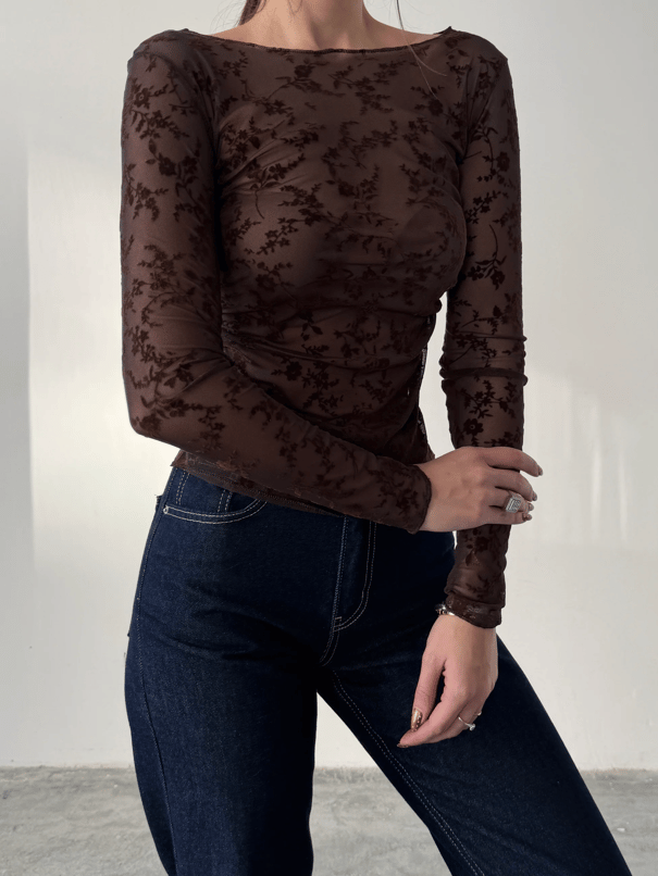 Flok Baskılı Basic Bluz - Kahve