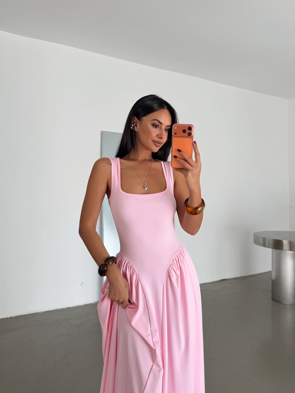 Korse Detaylı Midi Elbise - Pembe