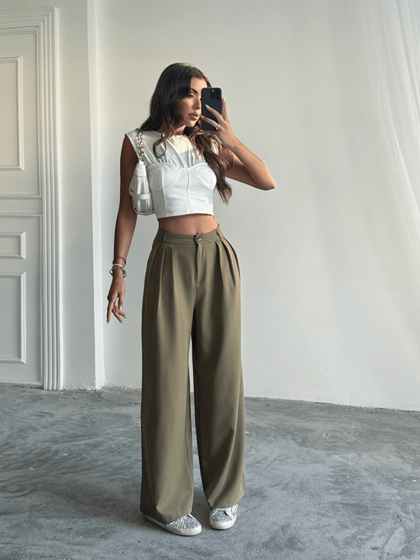 Üç Pile Palazzo Pantolon - Haki