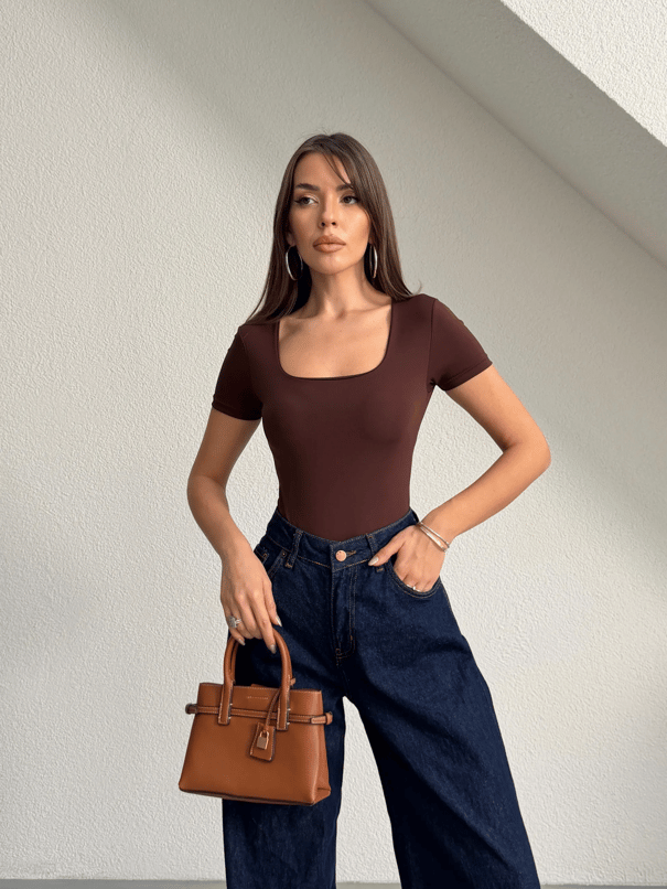 Kare Yaka Kısa Kol Bodysuit - Kahve