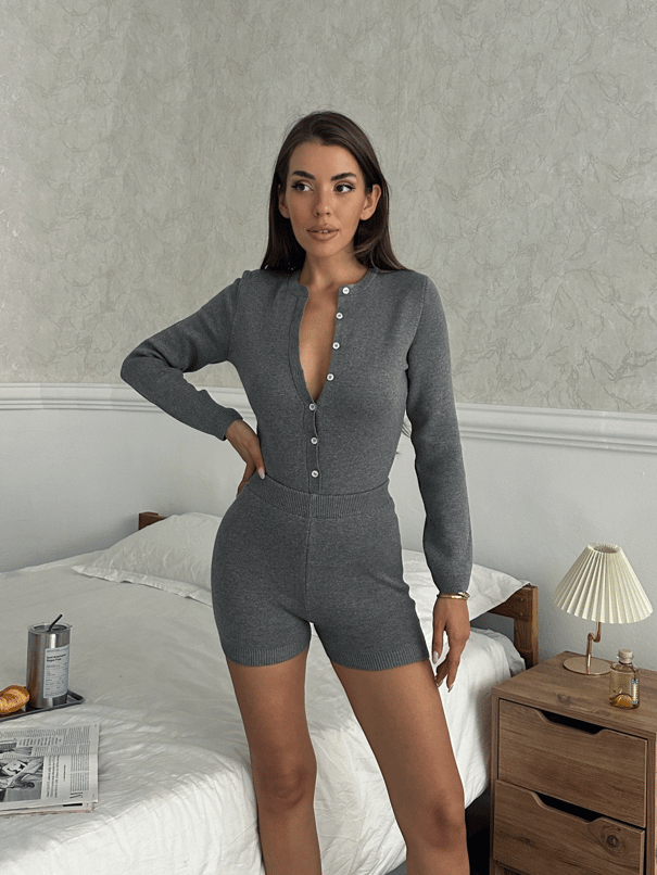 Bodysuit Şortlu Triko Takım - Antrasit