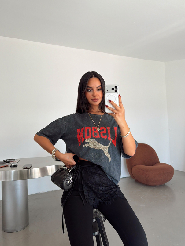 Lisbon Yazılı Basic T-shirt - Füme