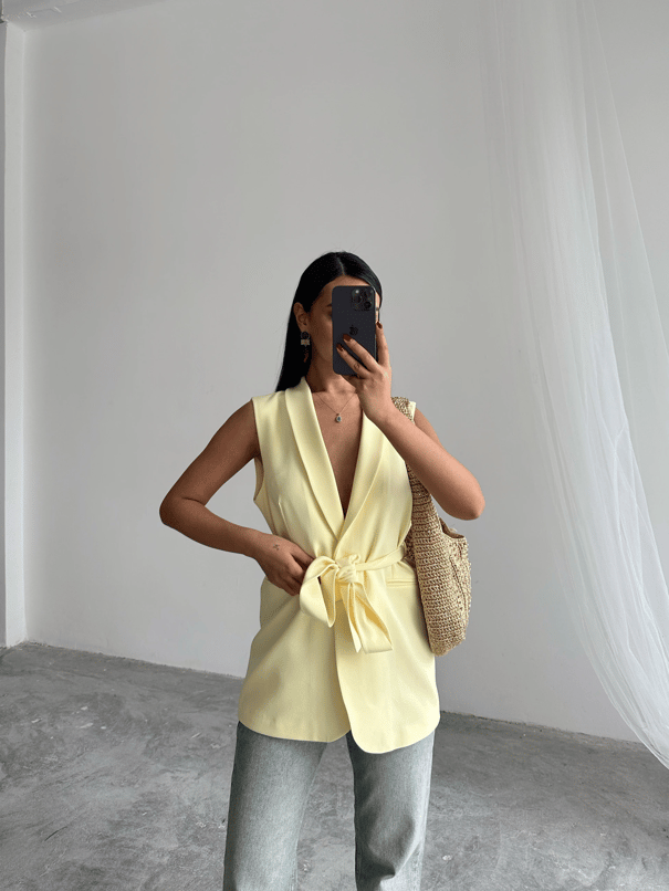 Bağlamalı Blazer Yelek  - Sarı