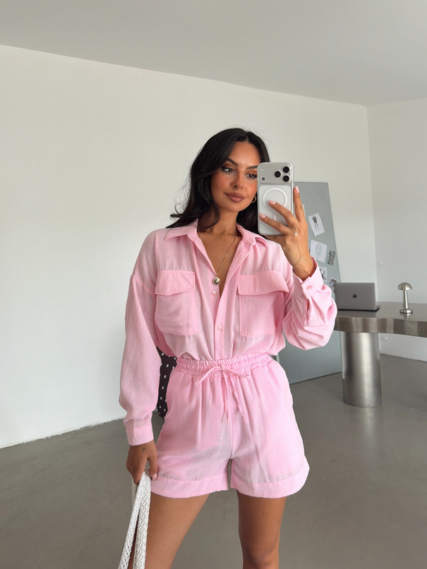 Oversize Şortlu Keten Takım - Pembe