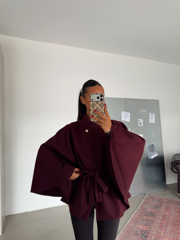 Kaşe Kuşaklı Pelerin Kaban - Bordo