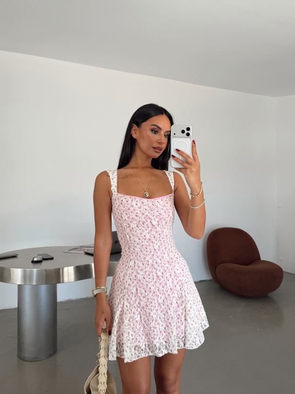 Dantelli Mini Elbise - Pembe