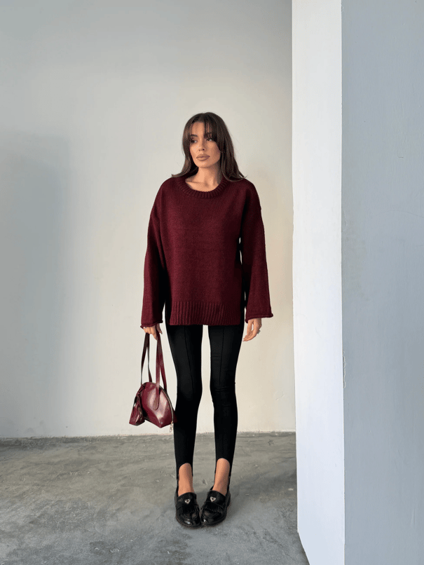 Yırtmaçlı Basic Triko  - Bordo