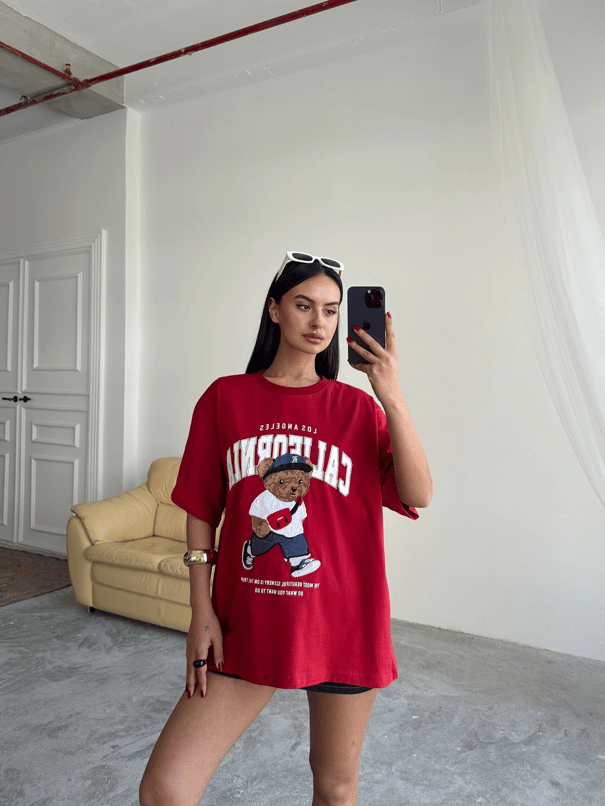 Oversize Bear Nakışlı T-shirt - Kırmızı