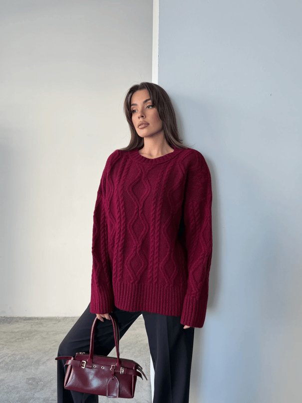 Saç Örgü Desenli Yıkamalı Triko - Bordo