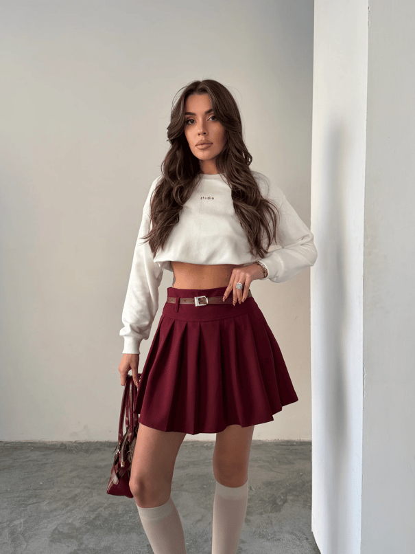 Kemerli Pileli Mini Etek - Bordo