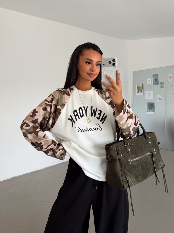 Kamuflaj Desenli Basic Sweat - Ekru
