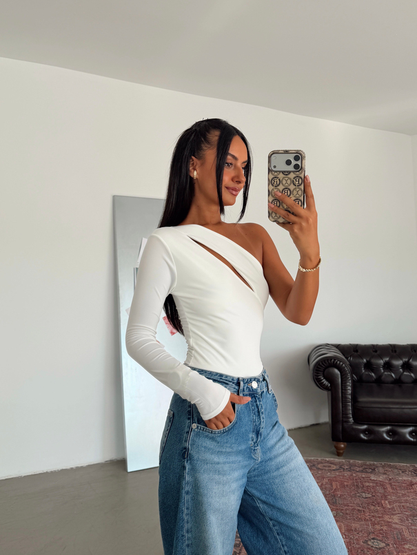 Sabrina Tek Kol Bodysuit Beyaz - Beyaz