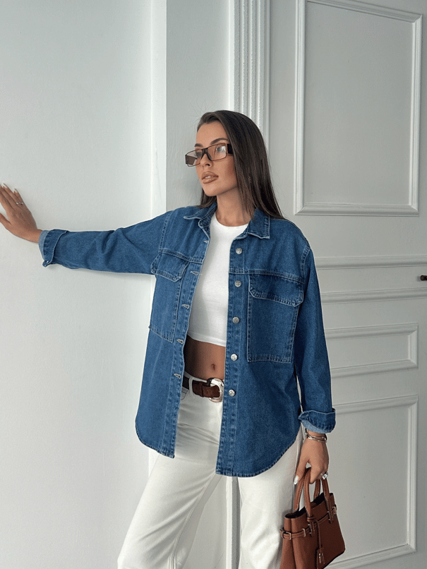 Kapak Cep Denim Gömlek - Mavi