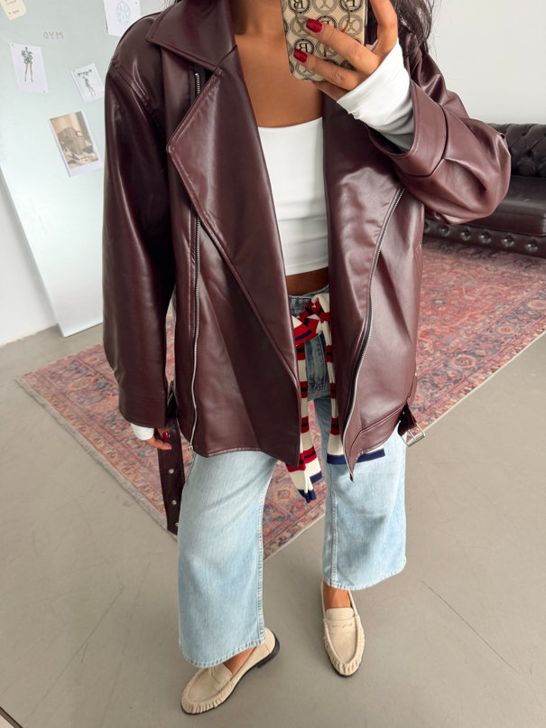 Kemerli Oversize Deri Ceket  - Bordo
