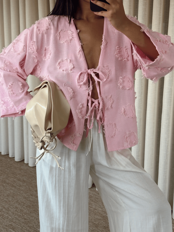 Püskül Detaylı Bağlamalı Kimono - Pembe