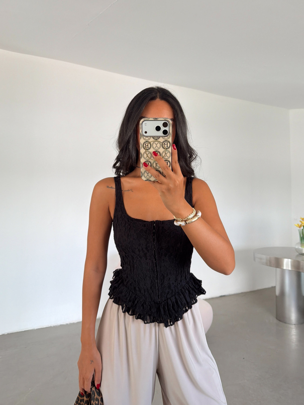 Korse Dantel Crop Top - Siyah