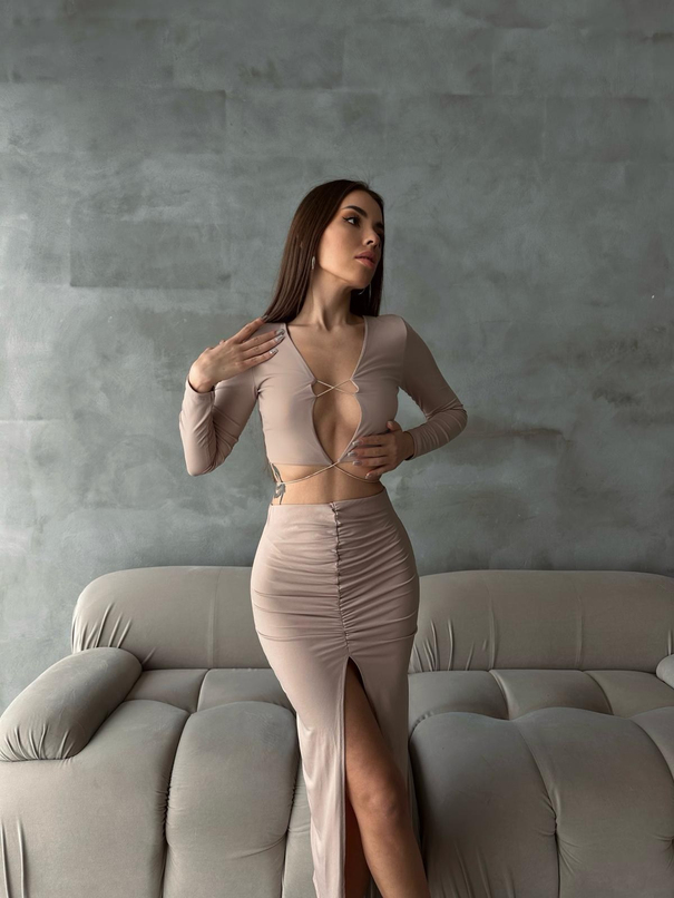 Önden Bağlamalı Drape Detay İkili Takım Bej - Bej