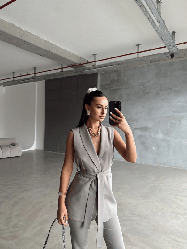 Bağlamalı Blazer Yelek  - Gri