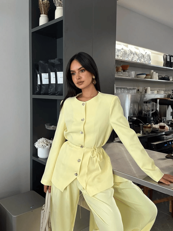 Belden Bağlamalı Bisiklet Yaka Ceket  - Limon Sarısı