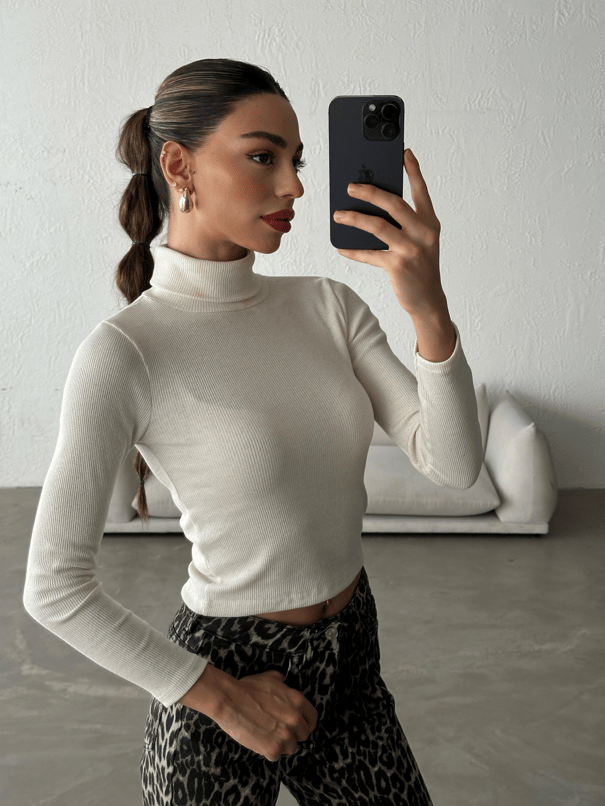 Balıkçı Yaka Fitilli Bluz Krem - Krem