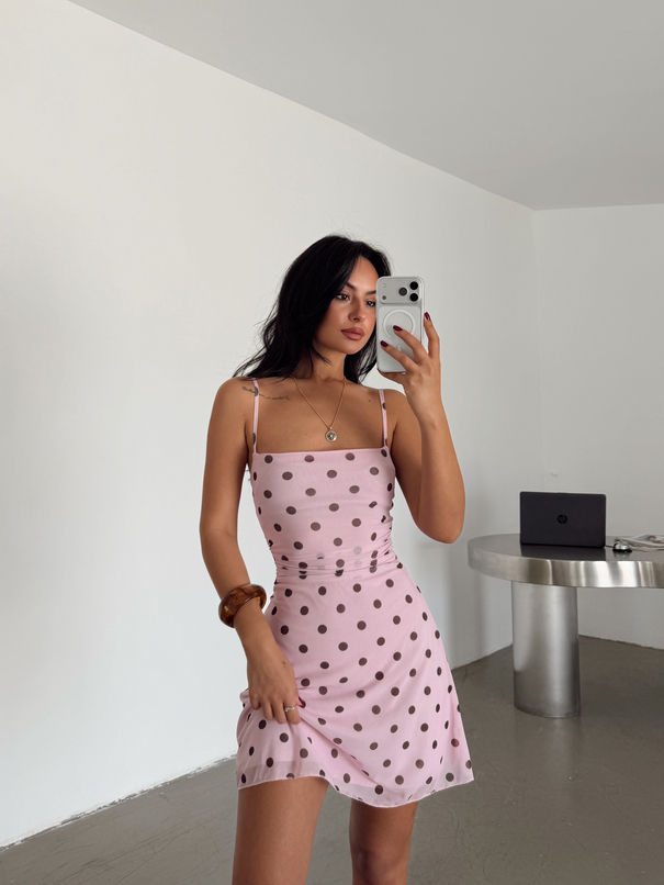 Drapeli Puantiye Mini Elbise - Pembe