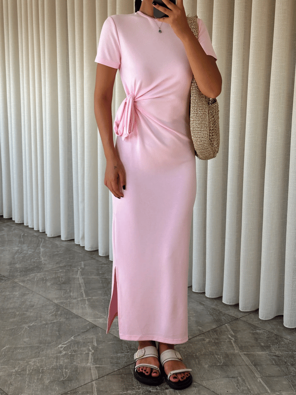 Bağlamalı Modal  Kumaş Elbise - Pembe