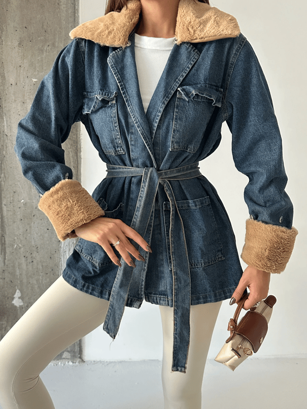 Yakası Kürklü Denim Ceket - Lacivert