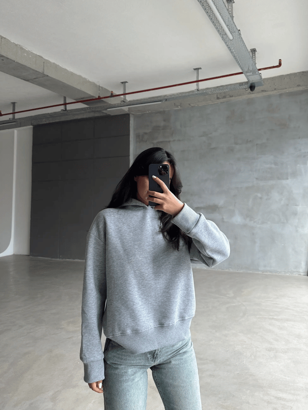 Kapüşonlu Sweatshırt Gri Melanj - Gri