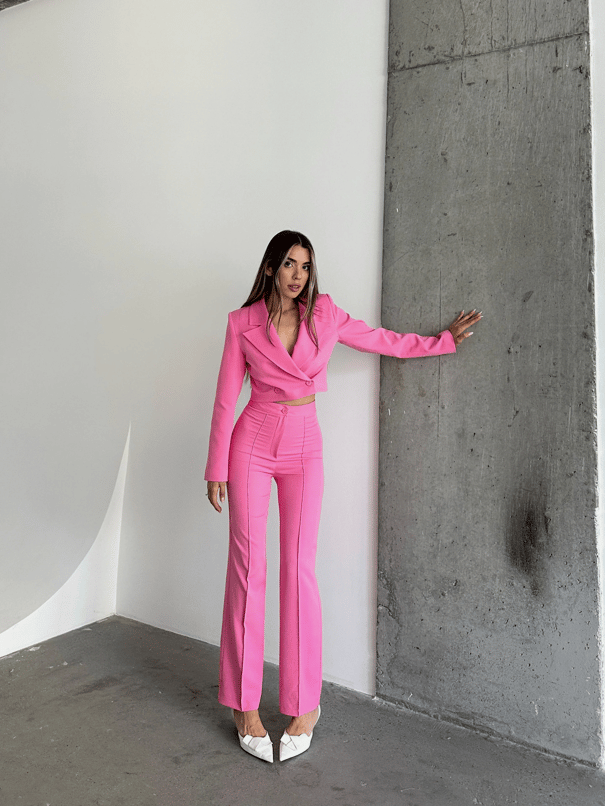 Ön Dikiş Boru Paça Kumaş Pantolon - Pembe