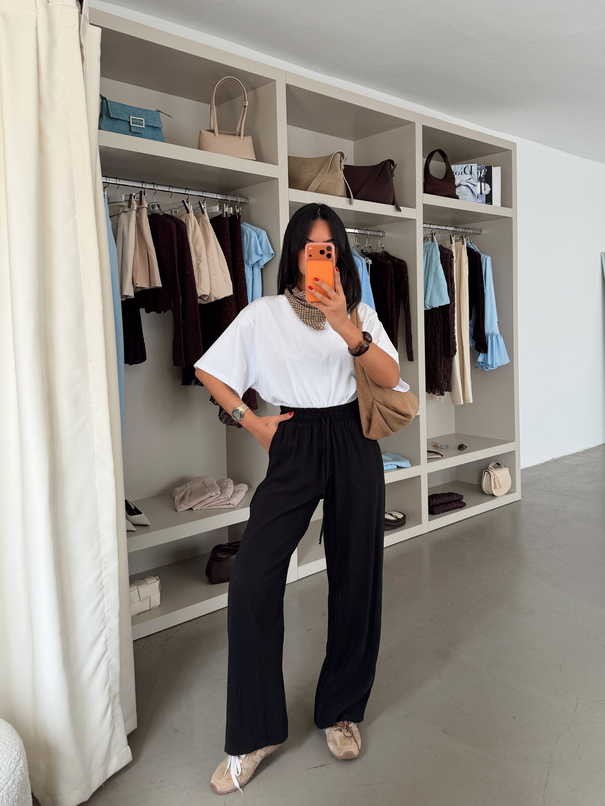 Tensel Kumaş Beli Lastikli Pantolon - Siyah