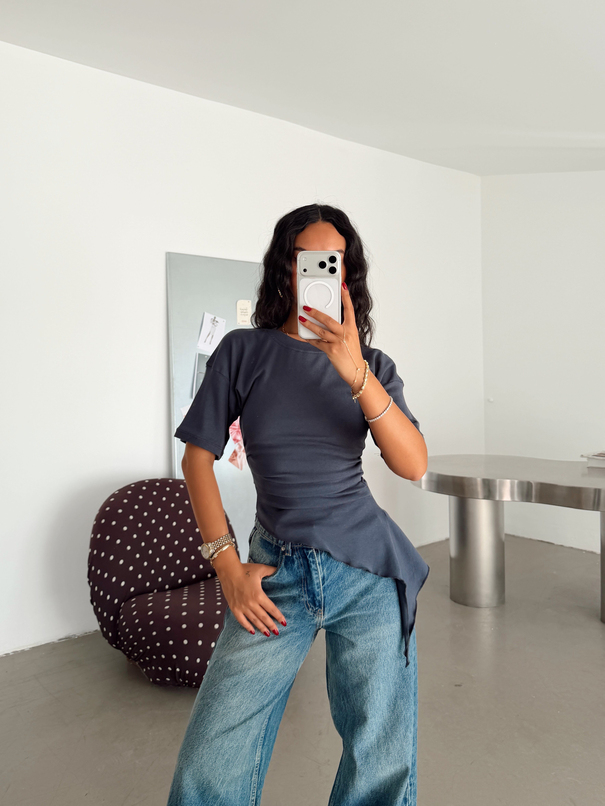 Kısa Kol Asimetrik Basic T-shirt - Antrasit