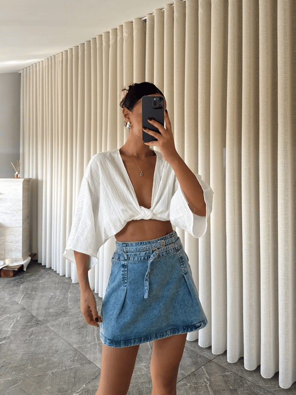 Pileli Denim Etek Mavi - Mavi