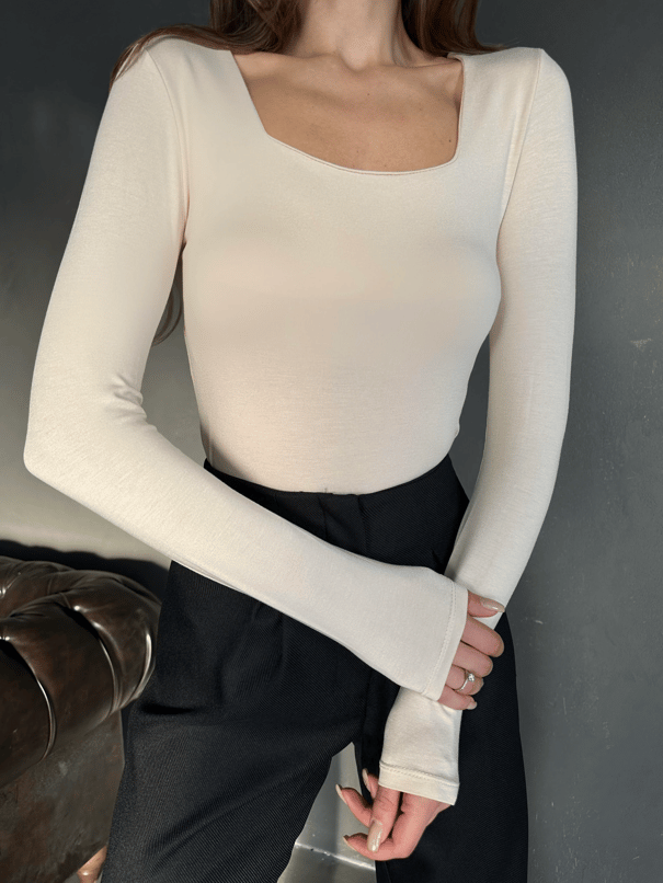 Kare Yaka Basic Bluz Bej - Bej