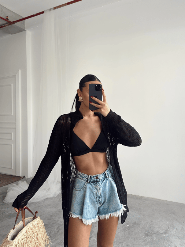 Beyli Ajur Polo Yaka Hırka Siyah - Siyah