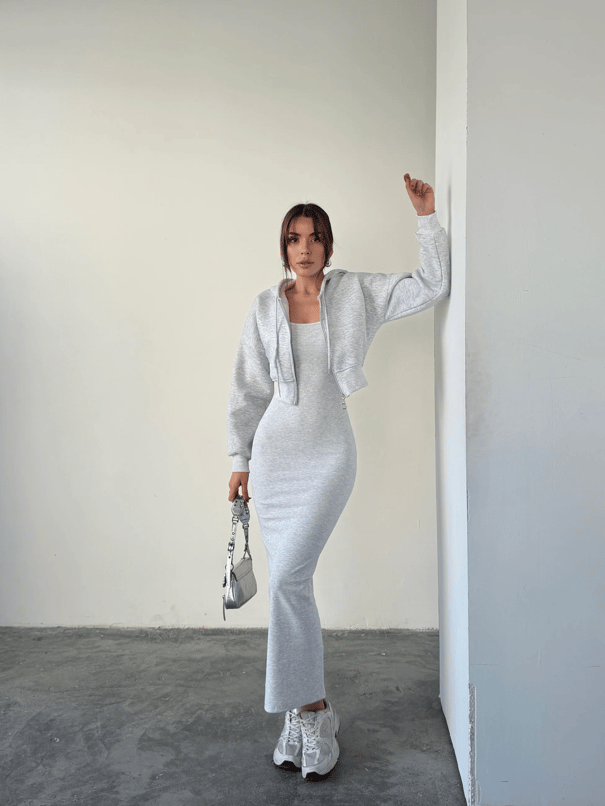 Fermuarlı Sweat Elbise Takım  - Gri