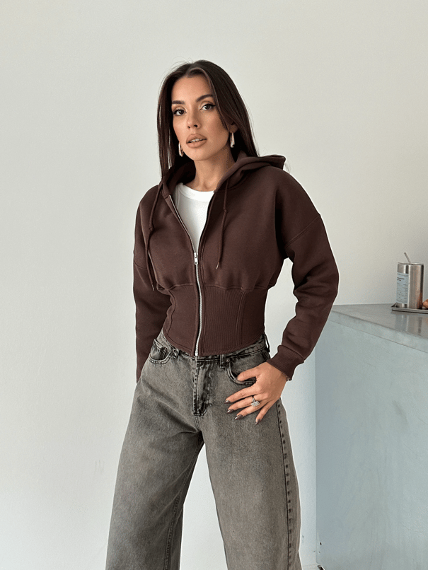 Korse Manşet Fermuarlı Sweat Hırka - Kahve