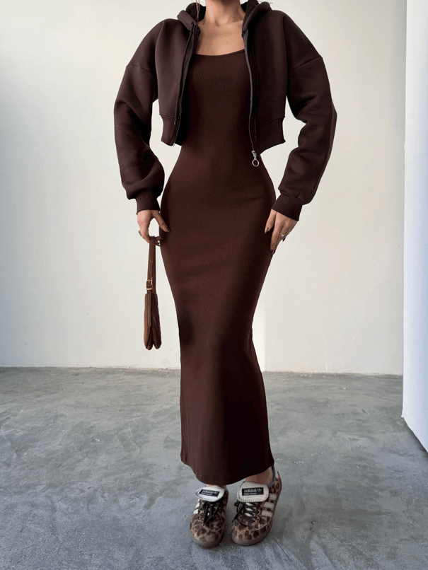 Fermuarlı Sweat Elbise Takım  - Kahve