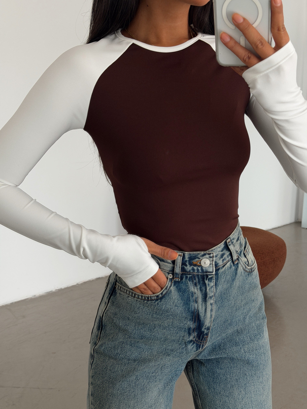 Bisiklet Yaka Kontrast Bodysuıt - Kahve