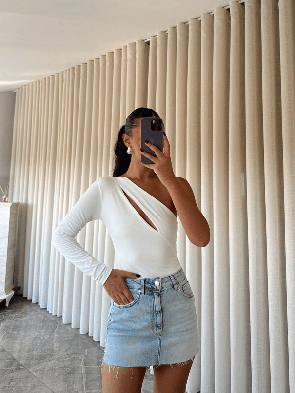 Sabrina Tek Kol Bodysuit Beyaz - Beyaz