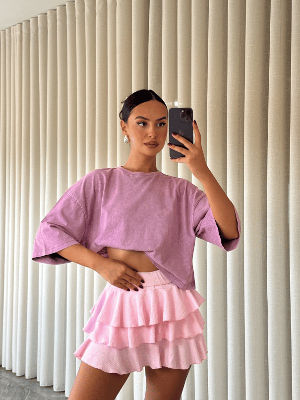Yıkamalı Düz Crop Basic - Lila