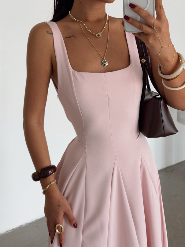 Bağcık Detay Midi Elbise - Pudra Pembe