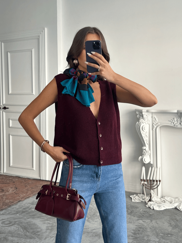Dört Düğme Selanik Yelek - Bordo