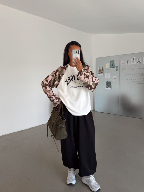 Kamuflaj Desenli Basic Sweat - Ekru