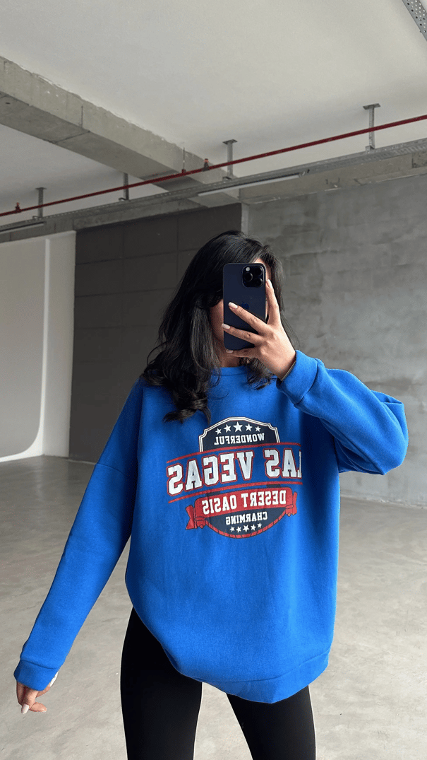 Las Vegas Üç İplik Oversize Sweat Saks Mavi - Mavi