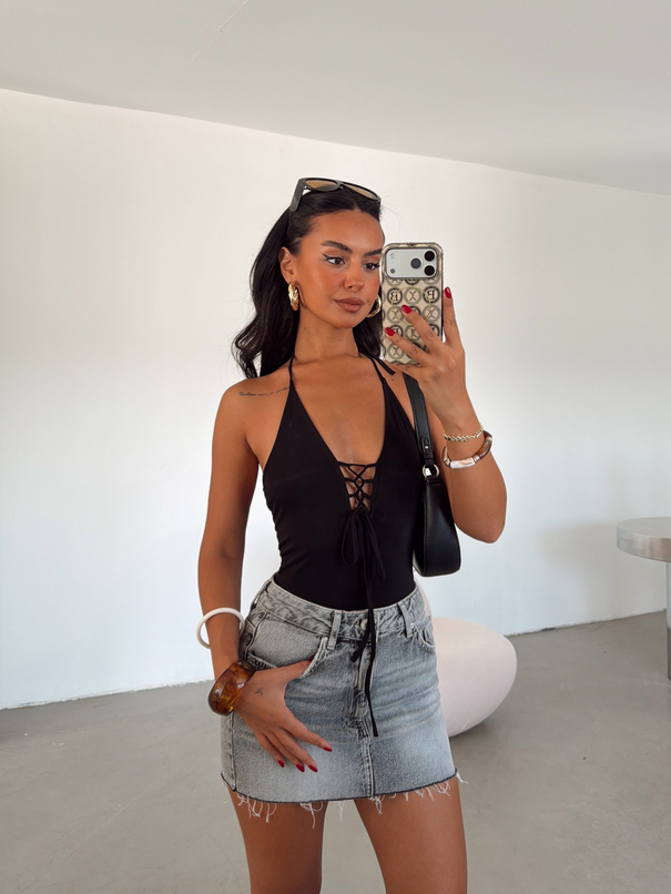 Maya Önden Bağcıklı Bodysuit Siyah - Siyah