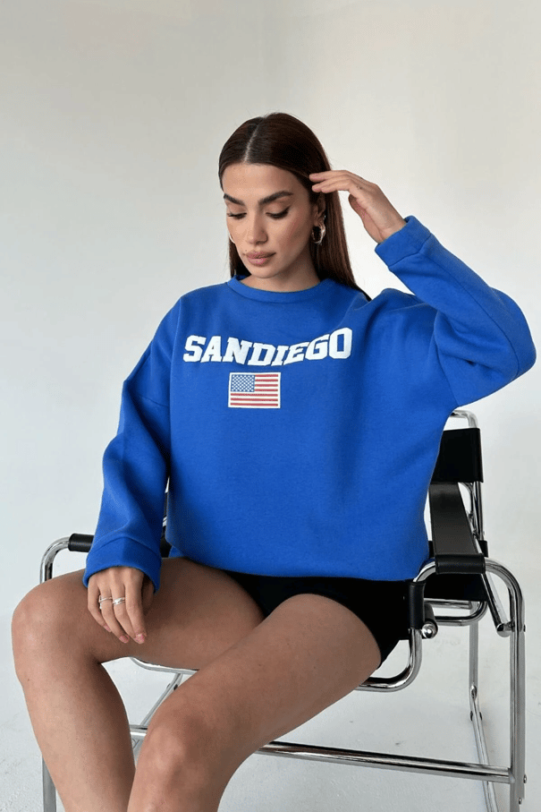 State Baskı Üç İplik Şardonlu Sweat Saks Mavi - Mavi