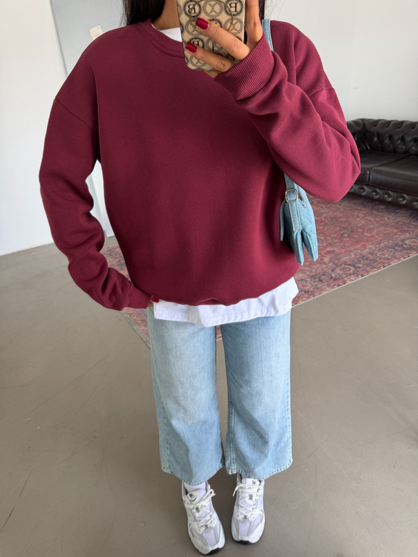 Düz Basic Sweatshırt - Bordo